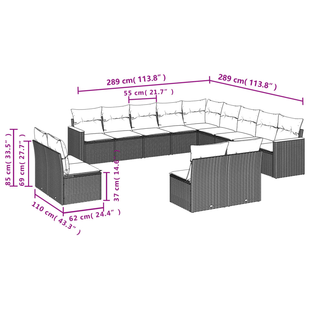 vidaXL 13-delige Loungeset met kussens poly rattan zwart