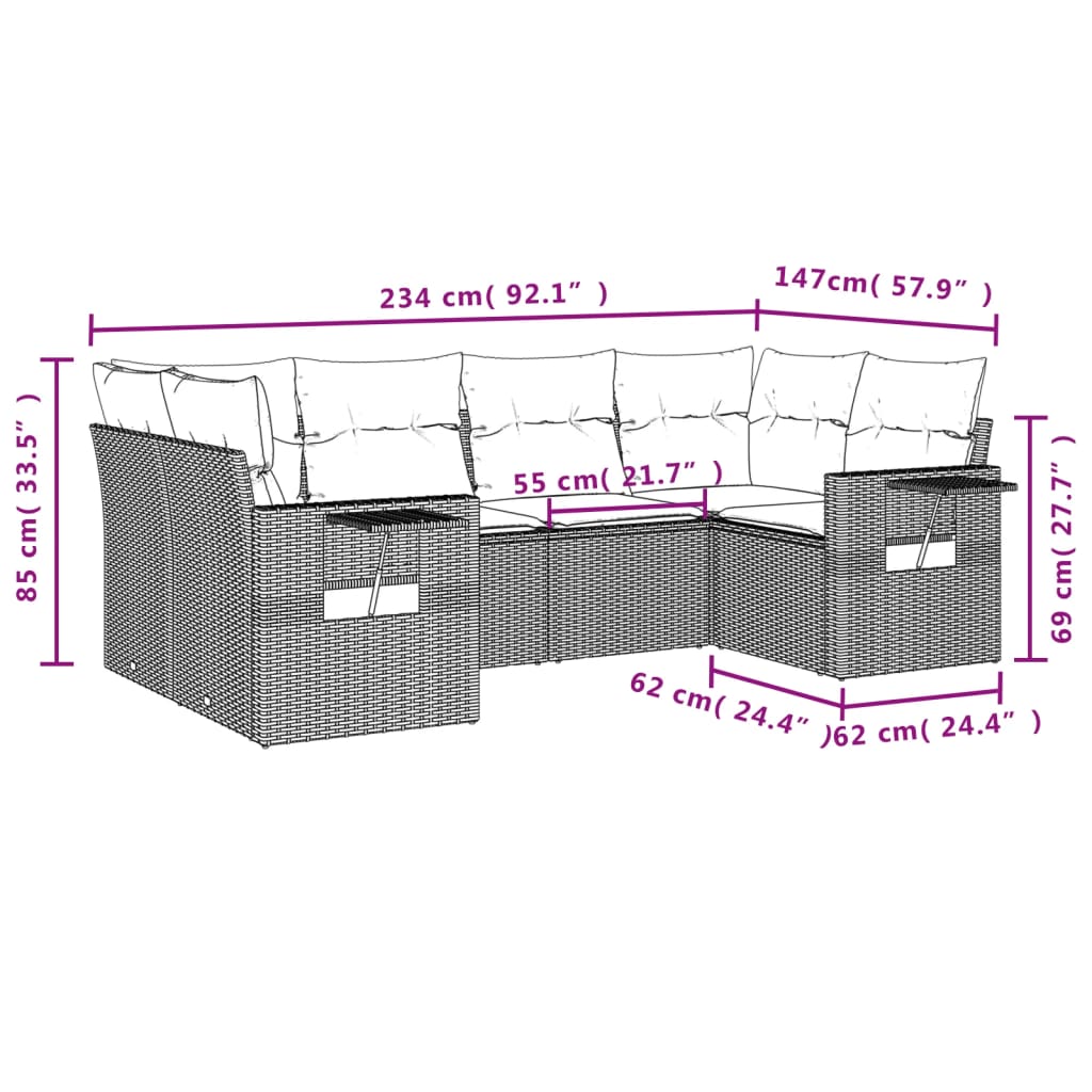 vidaXL 6-delige Loungeset met kussens poly rattan grijs