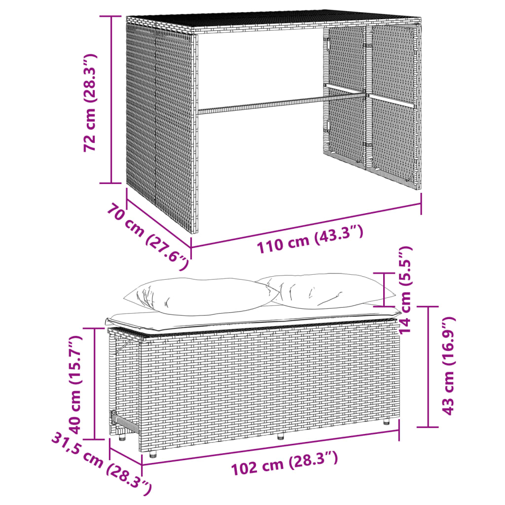 vidaXL 3-delige Tuinset met kussens poly rattan grijs