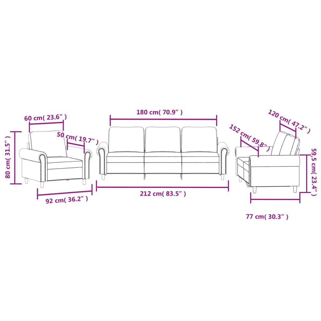 vidaXL 3-delige Loungeset met kussens fluweel wijnrood