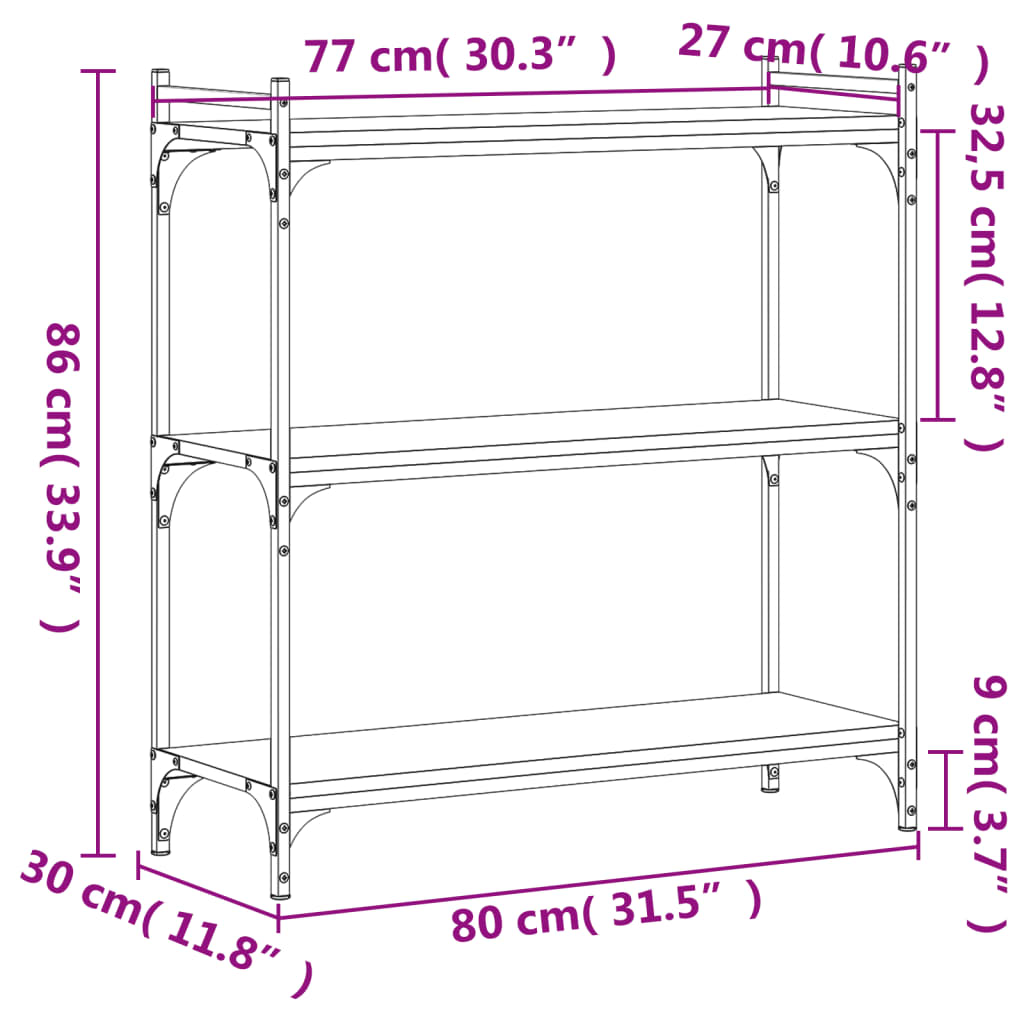 vidaXL Boekenkast 3-laags 80x30x86 cm bewerkt hout grijs sonoma