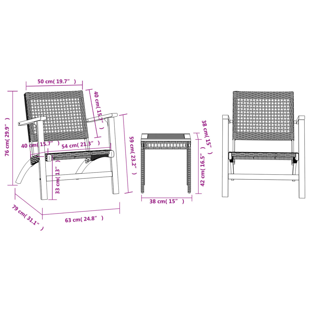 vidaXL 3-delige Bistroset poly rattan en massief acaciahout beige