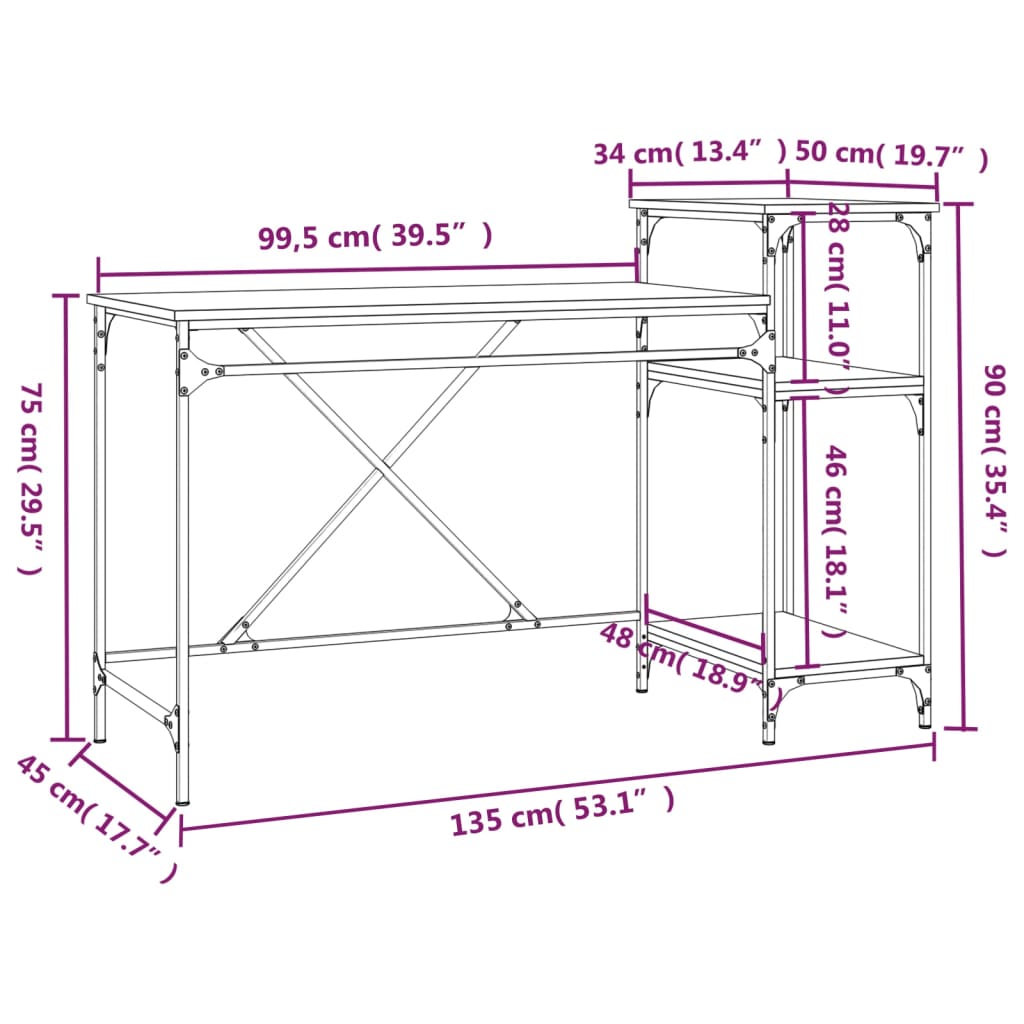 vidaXL Bureau met schappen 135x50x90 bewerkt hout en ijzer bruineiken