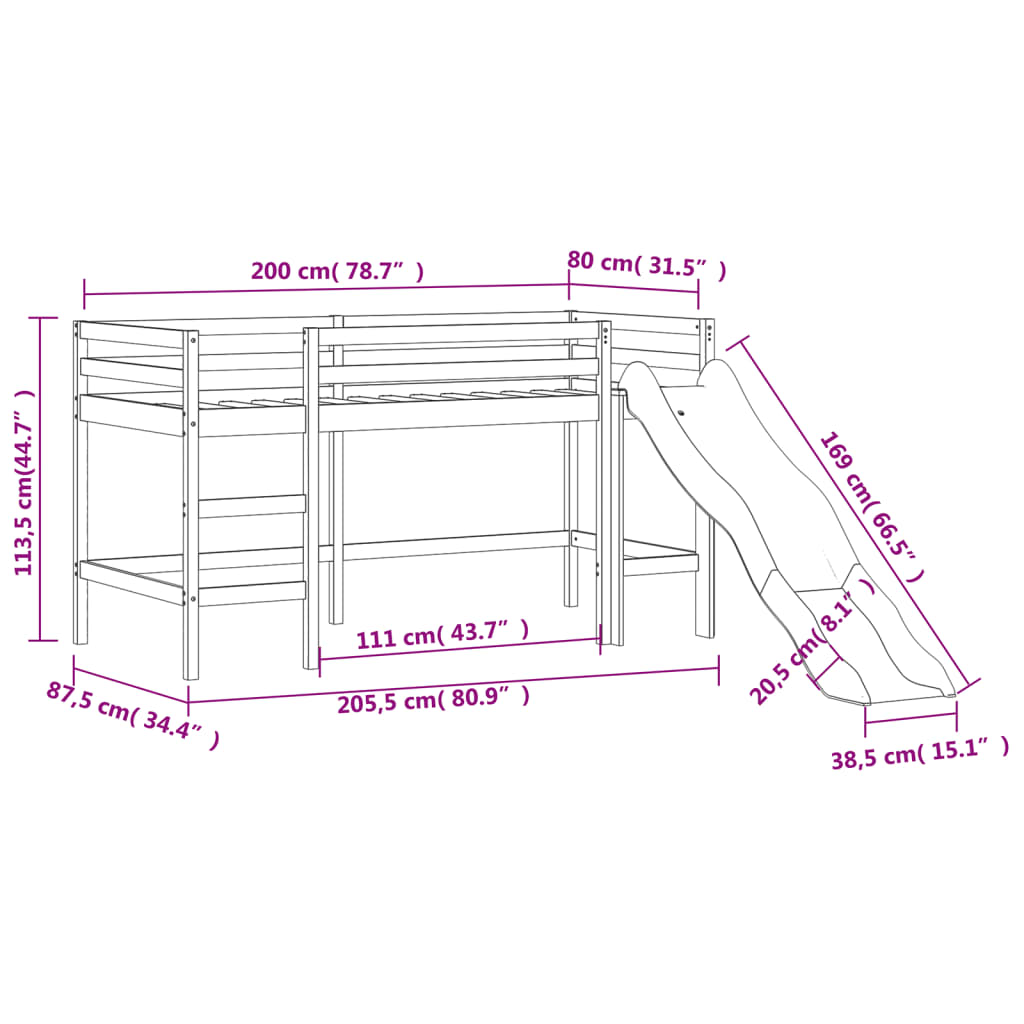 vidaXL Kinderhoogslaper met tunnel 80x200 cm massief grenenhout blauw