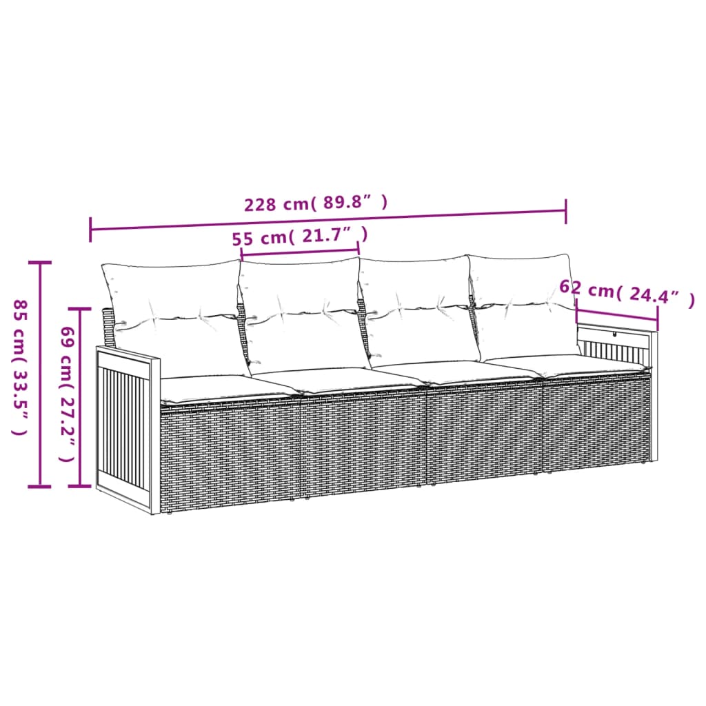 vidaXL 4-delige Loungeset met kussens poly rattan grijs