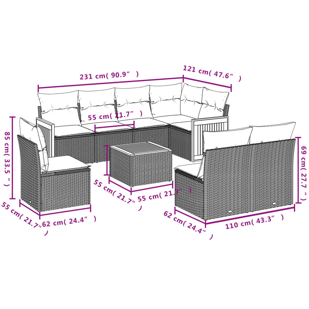 vidaXL 9-delige Loungeset met kussens poly rattan zwart