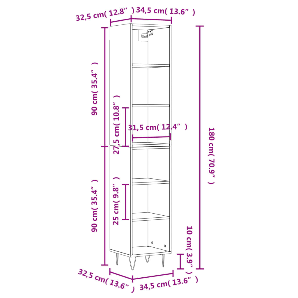 vidaXL Hoge kast 34,5x32,5x180 cm bewerkt hout wit