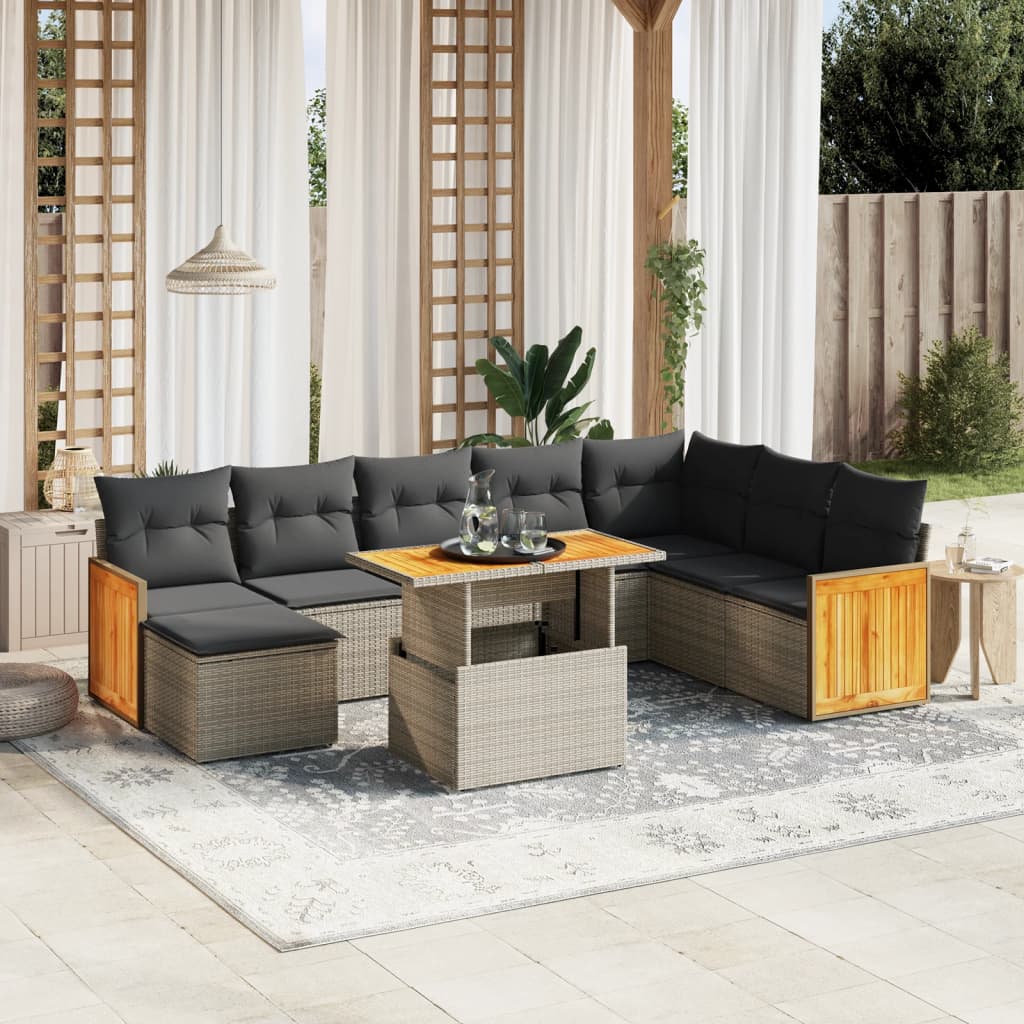 vidaXL 9-delige Loungeset met kussens poly rattan grijs