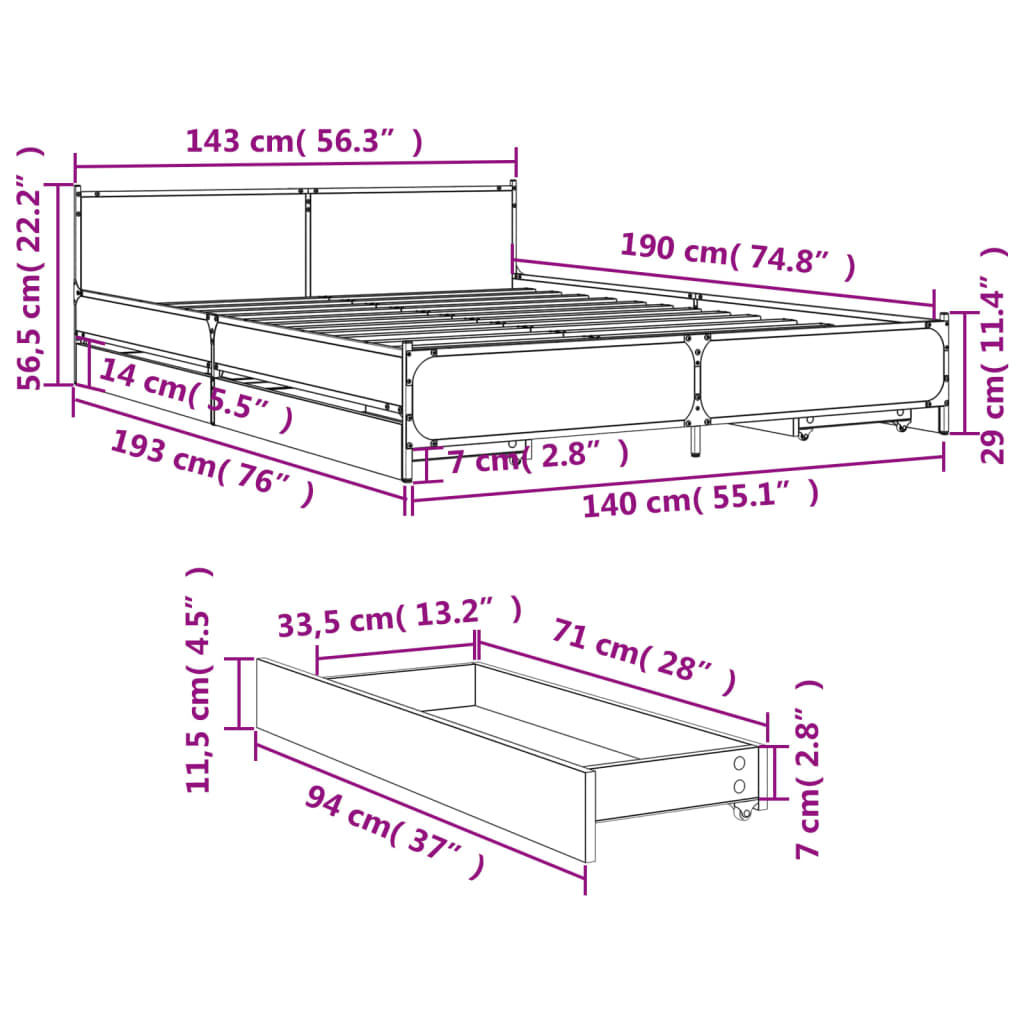 vidaXL Bedframe met lades bewerkt hout zwart 140x190 cm