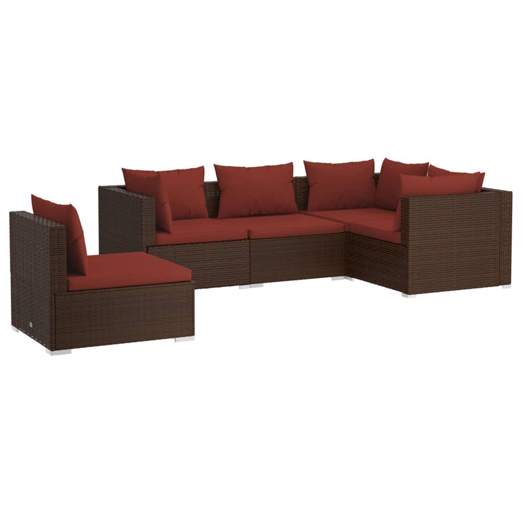 vidaXL 5-delige Loungeset met kussens poly rattan bruin