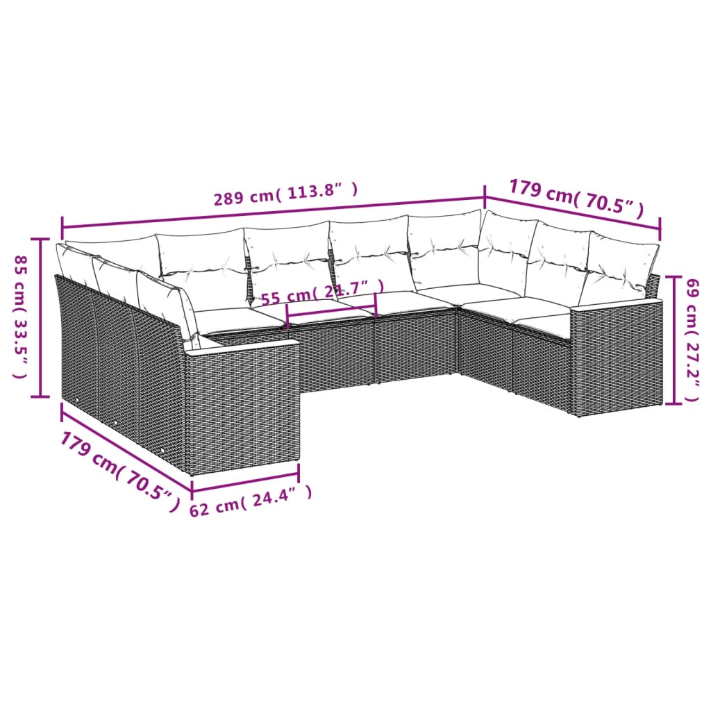 vidaXL 9-delige Loungeset met kussens poly rattan zwart