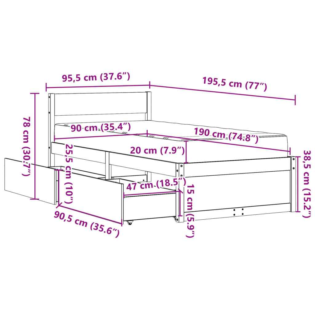 vidaXL Bed met lades en matras massief grenenhout wit 90x190 cm