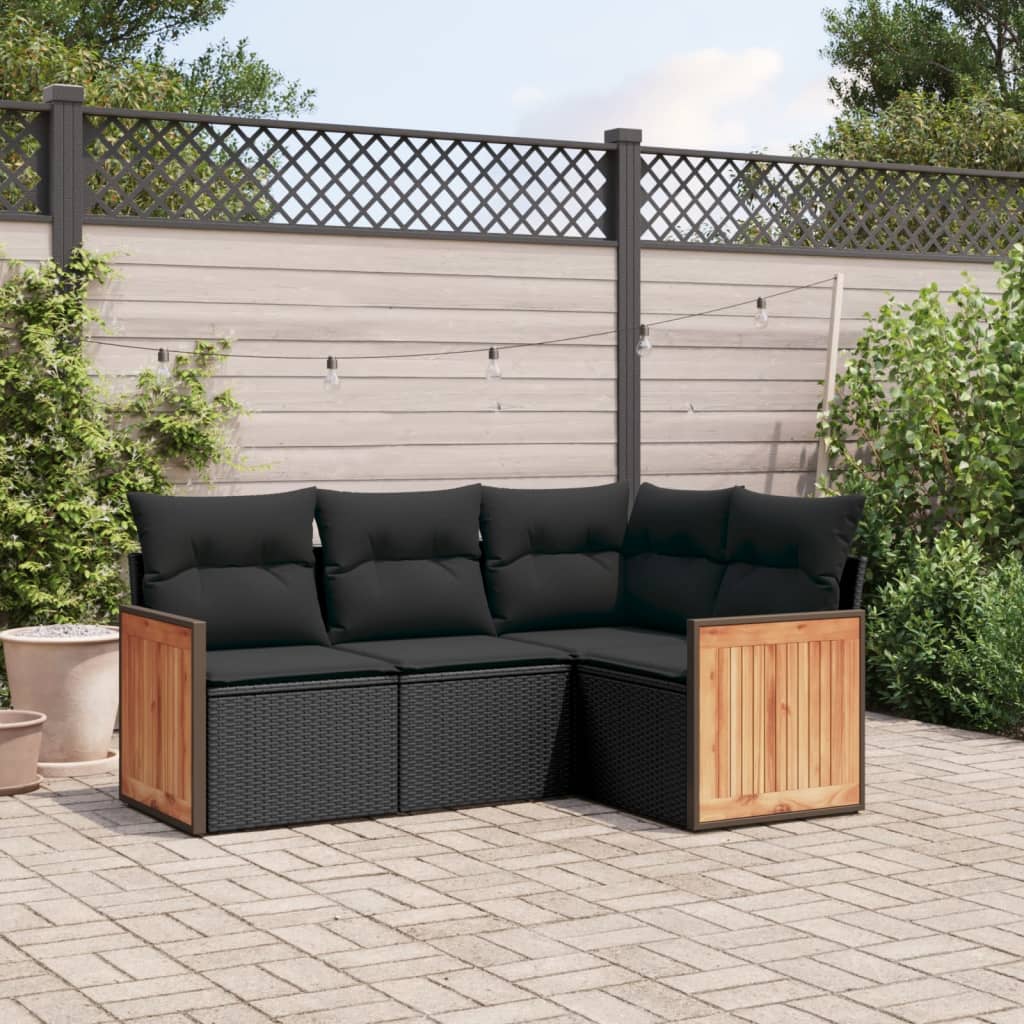 vidaXL 4-delige Loungeset met kussens poly rattan zwart