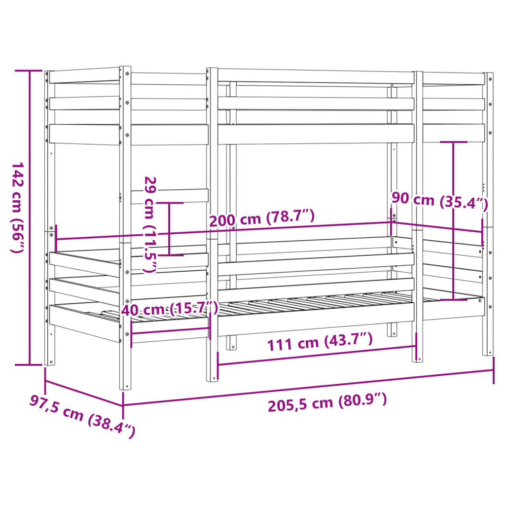 vidaXL Stapelbed massief grenenhout wit 90x200 cm