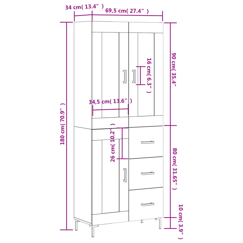 vidaXL Hoge kast 69,5x34x180 cm bewerkt hout hoogglans wit