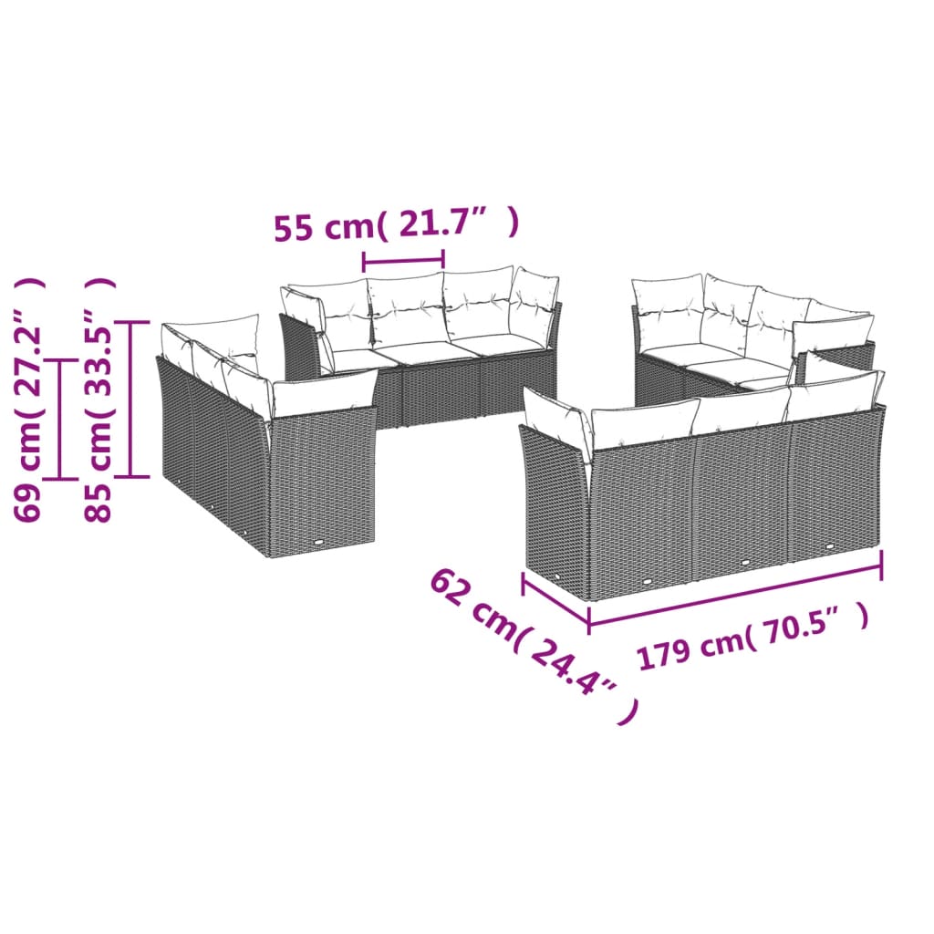 vidaXL 12-delige Loungeset met kussens poly rattan beige