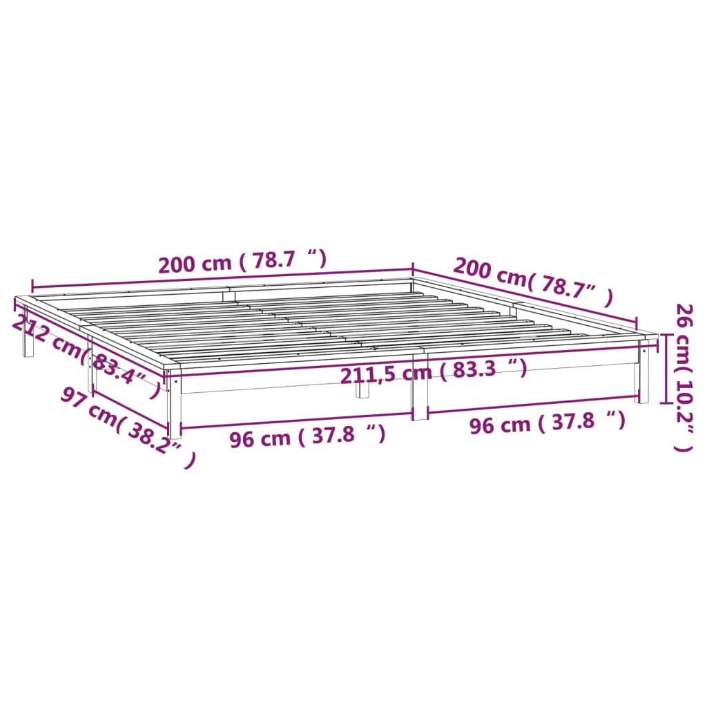 vidaXL Bedframe LED massief hout honingbruin 200x200 cm