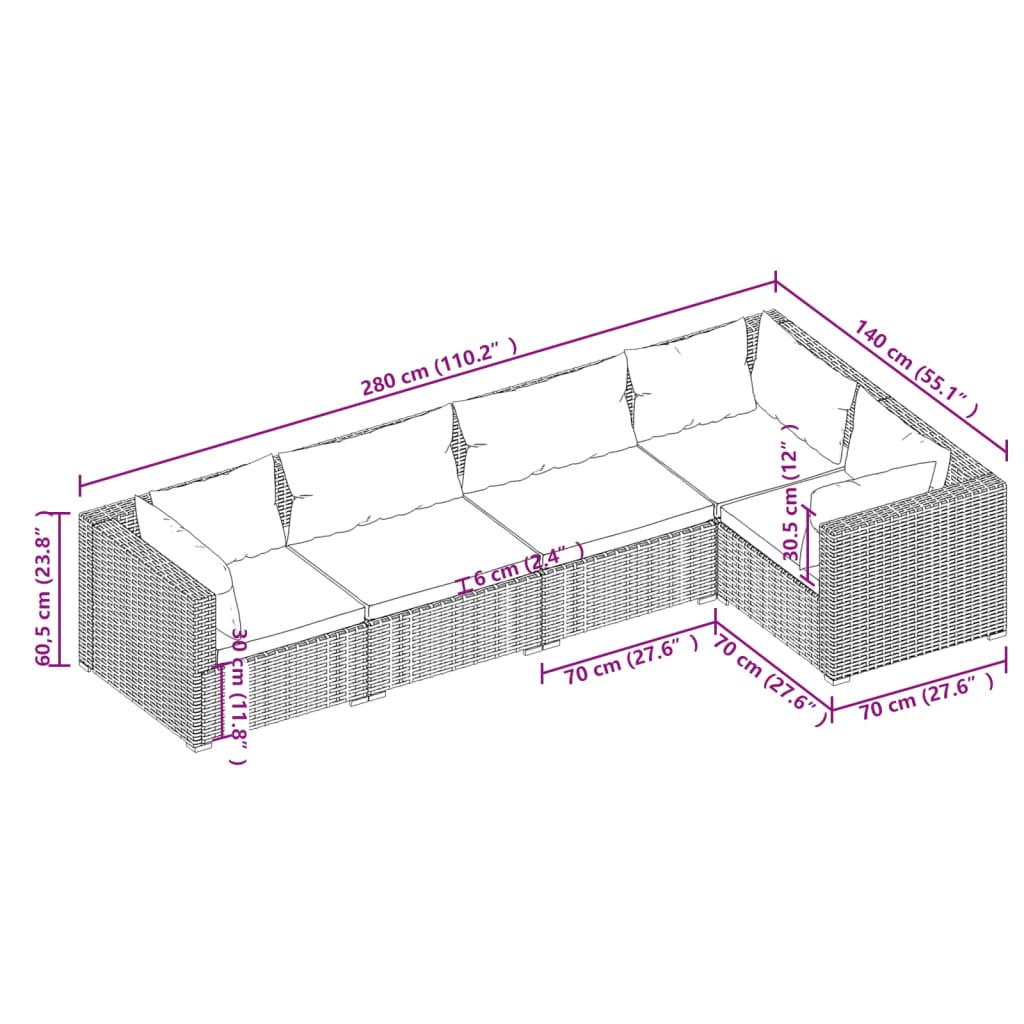 vidaXL 5-delige Loungeset met kussens poly rattan bruin