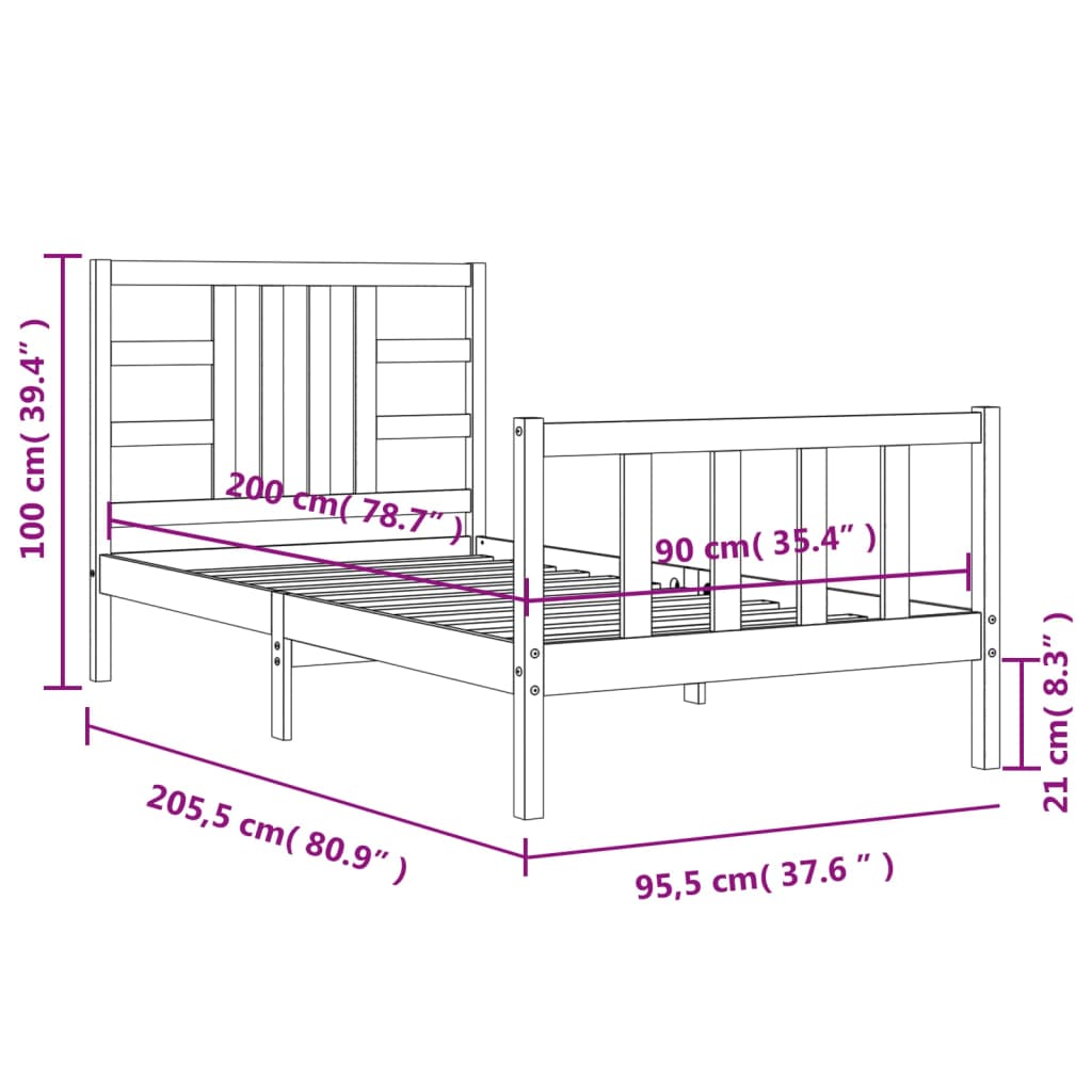 vidaXL Bedframe met hoofdbord massief hout wit 90x200 cm