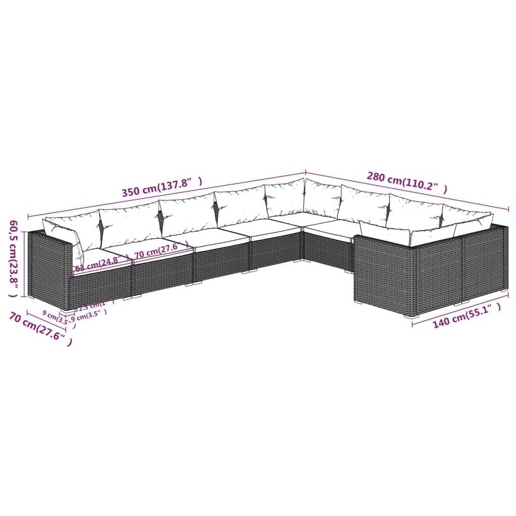 vidaXL 9-delige Loungeset met kussens poly rattan grijs