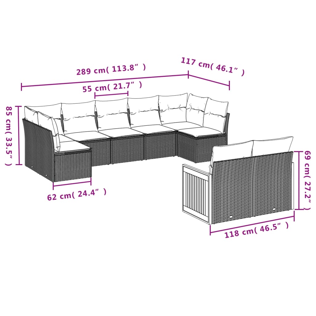 vidaXL 9-delige Loungeset met kussens poly rattan zwart