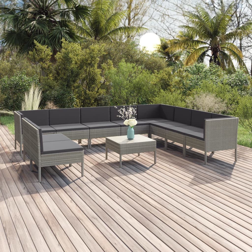 vidaXL 11-delige Loungeset met kussens poly rattan grijs