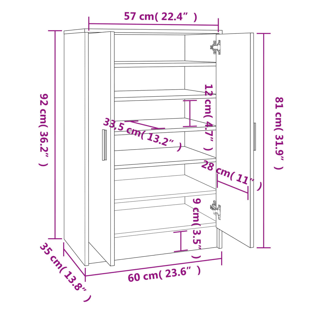 vidaXL Schoenenkast 60x35x92 cm bewerkt hout bruin eikenkleur