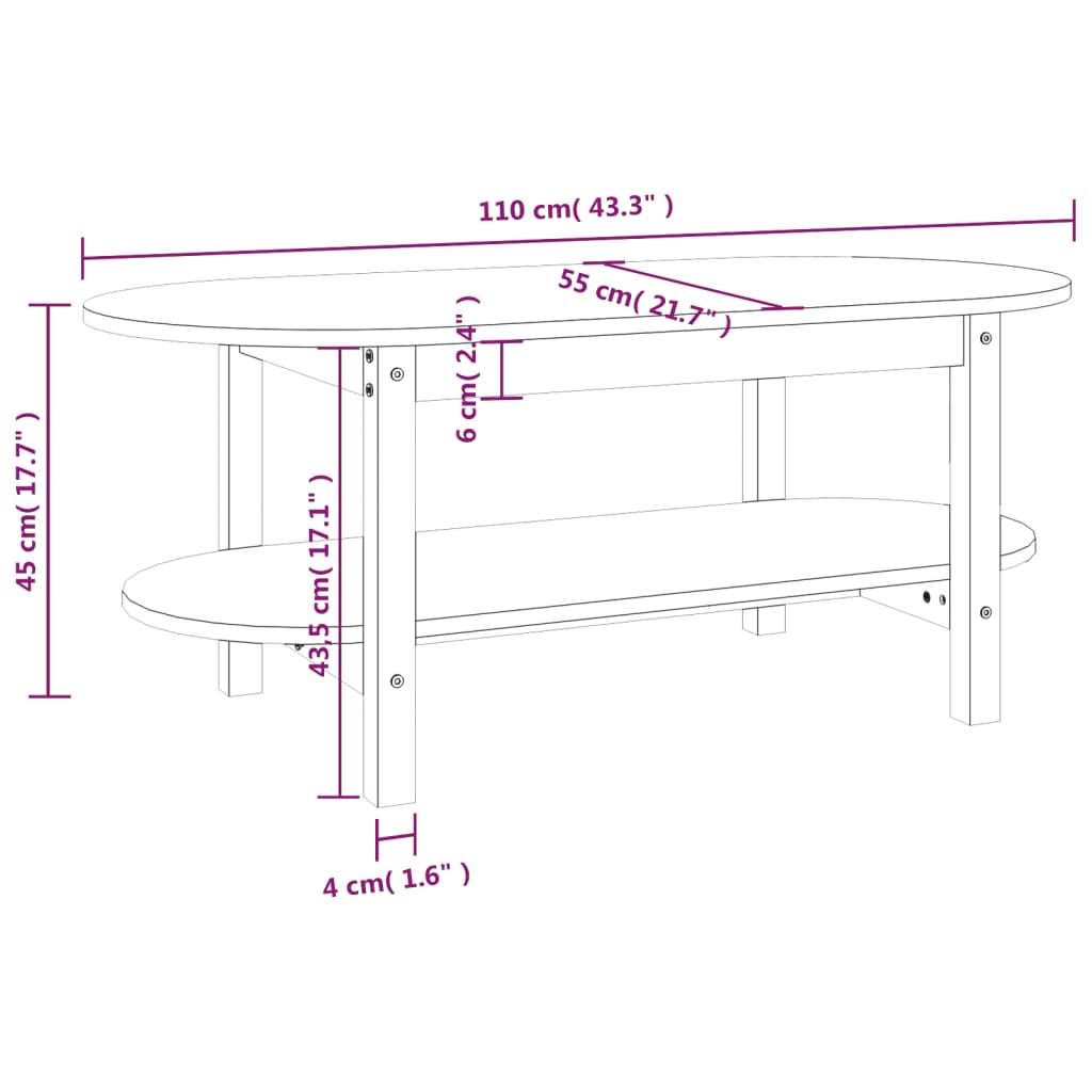 vidaXL Salontafel 110x55x45 cm massief grenenhout honingbruin