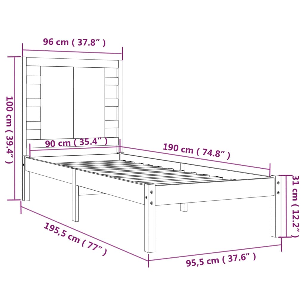 vidaXL Bedframe massief hout zwart 90x190 cm