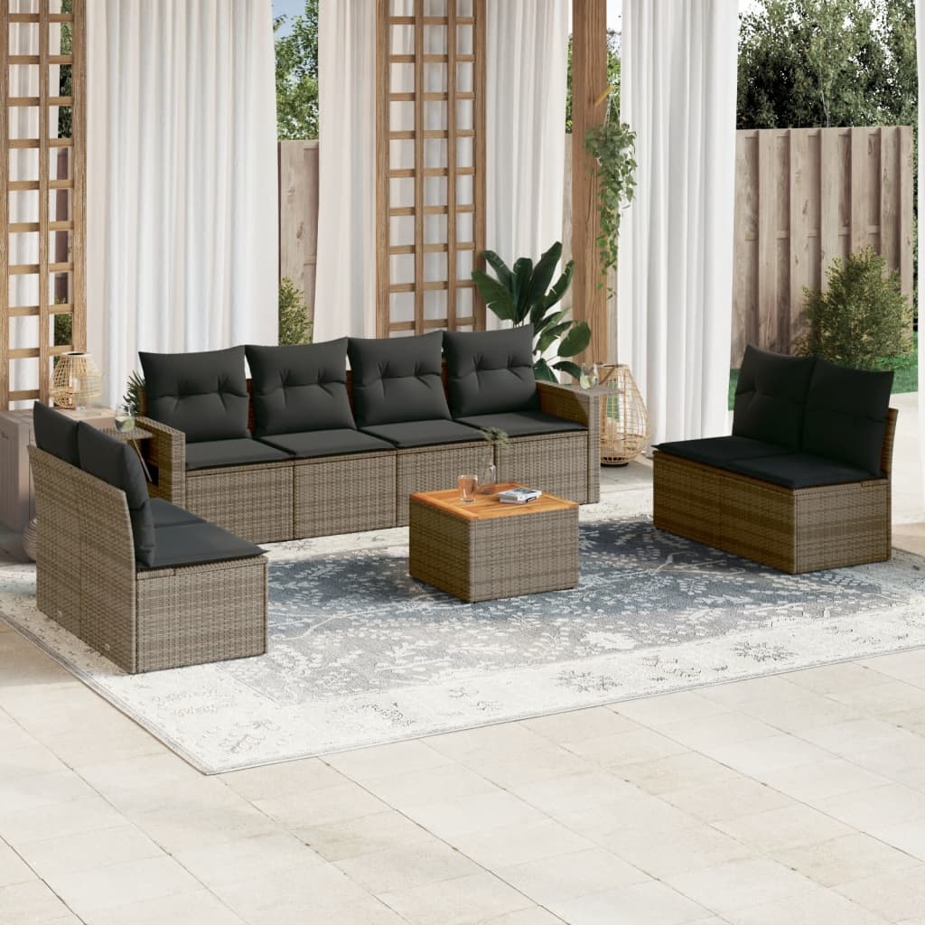 vidaXL 9-delige Loungeset met kussens poly rattan grijs