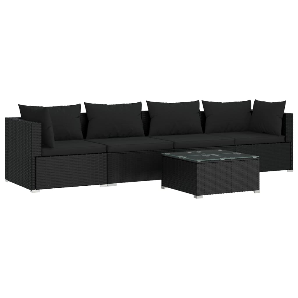 vidaXL 5-delige Loungeset met kussens poly rattan zwart