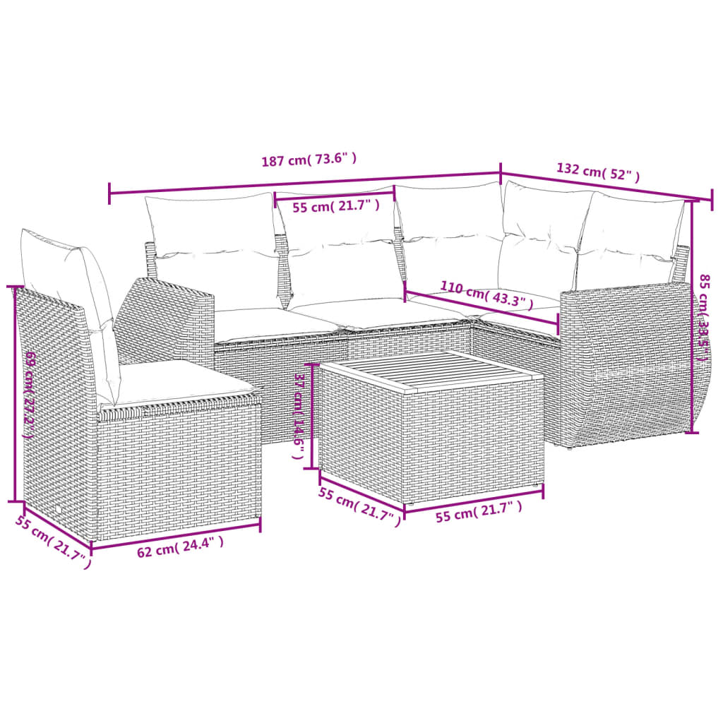 vidaXL 6-delige Loungeset met kussens poly rattan zwart