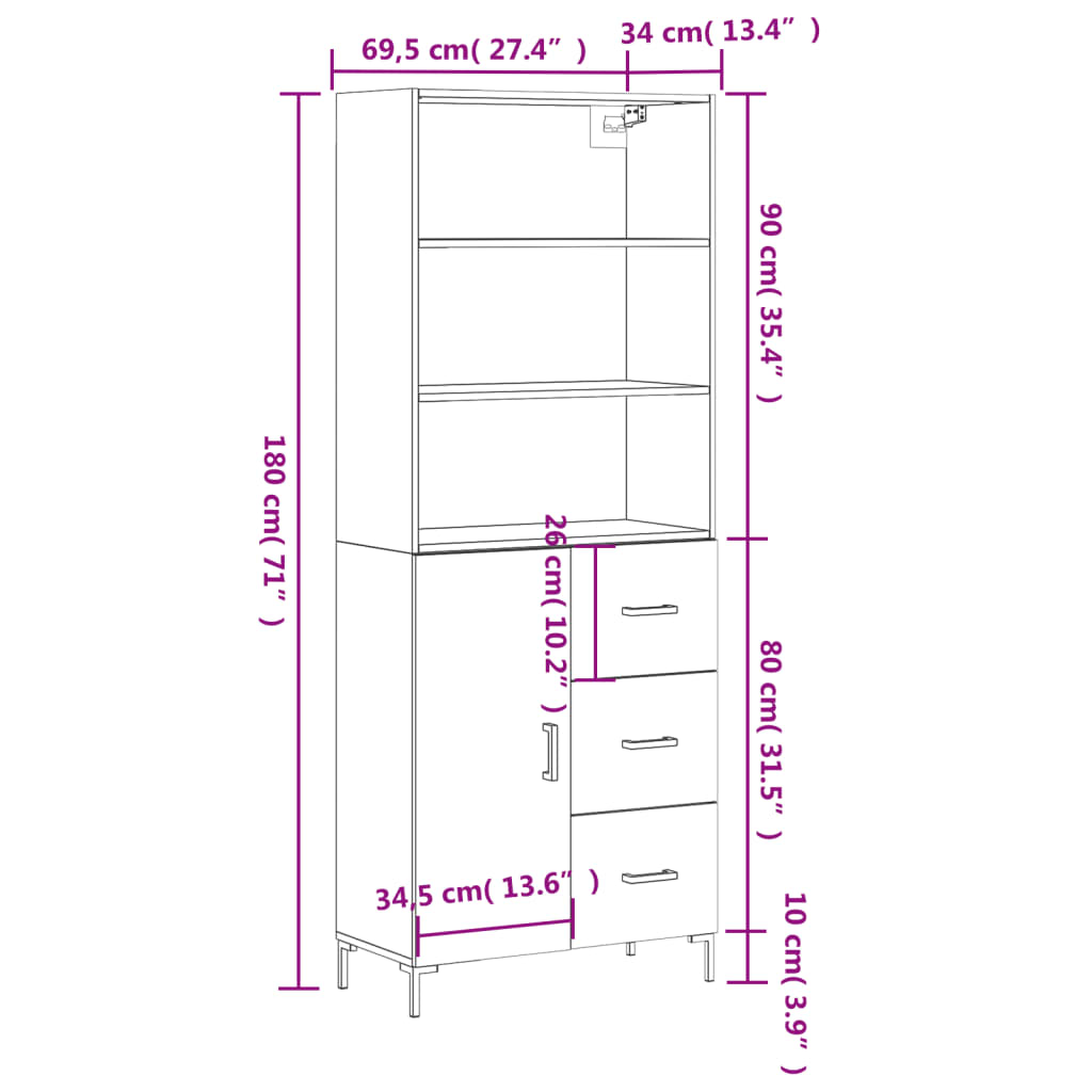 vidaXL Hoge kast 69,5x34x180 cm bewerkt hout betongrijs