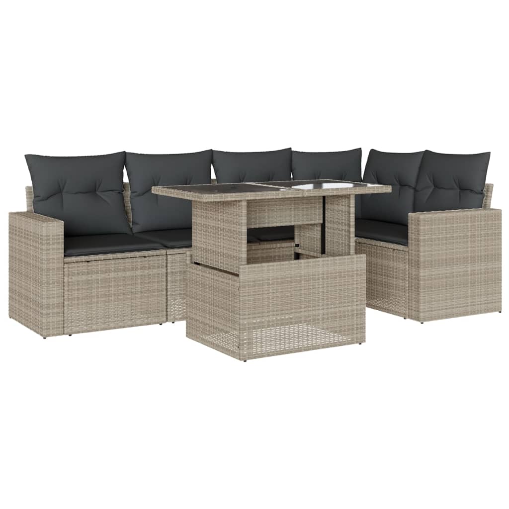 vidaXL 6-delige Loungeset met kussens poly rattan lichtgrijs