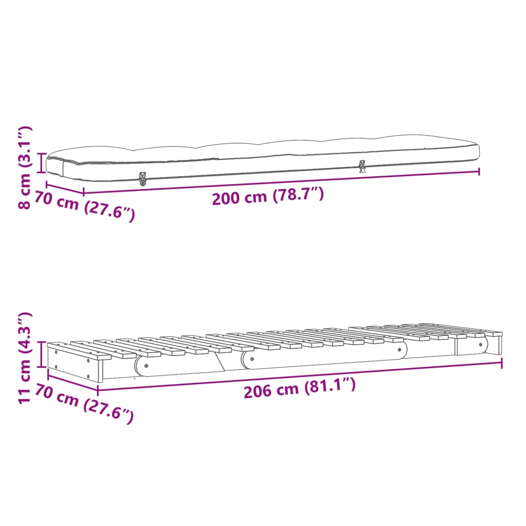 vidaXL Futon slaapbank met matras 70x206x11 cm massief grenenhout wit