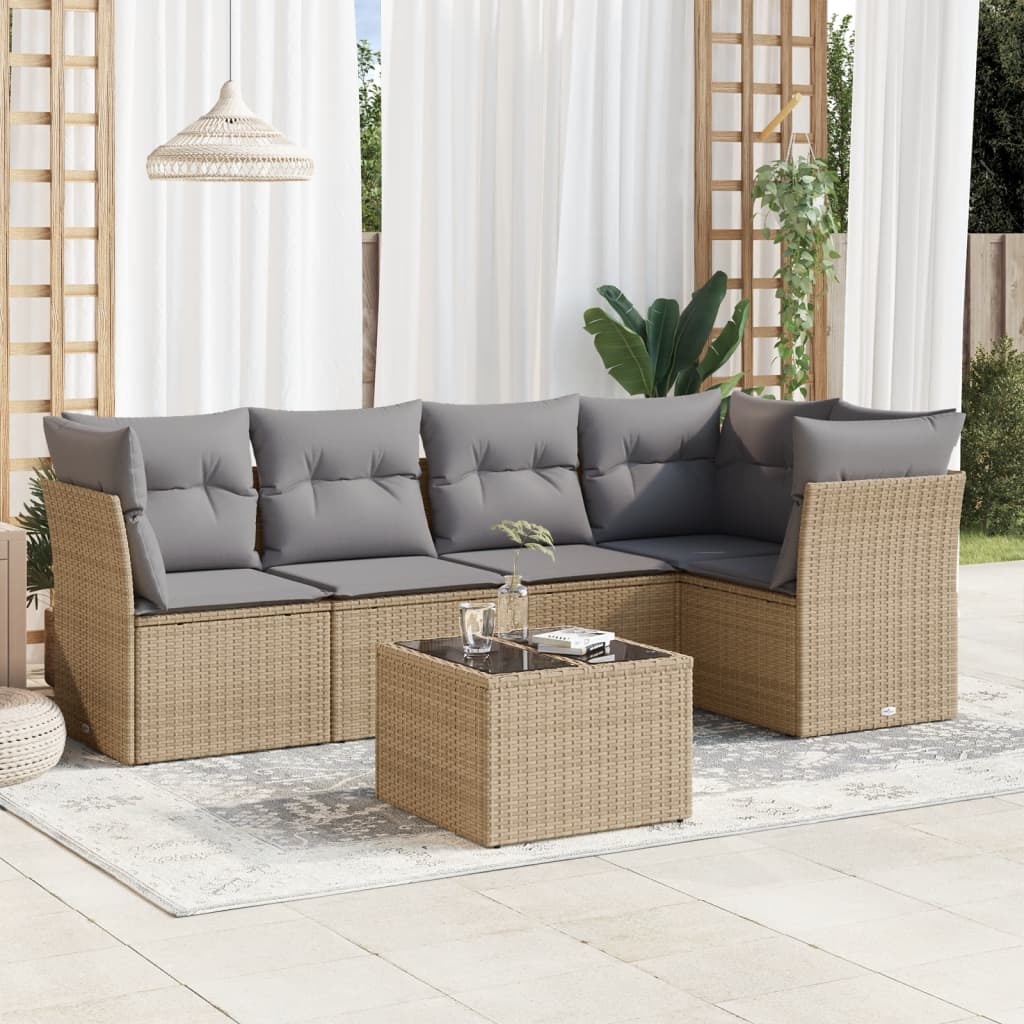 vidaXL 6-delige Loungeset met kussens poly rattan beige