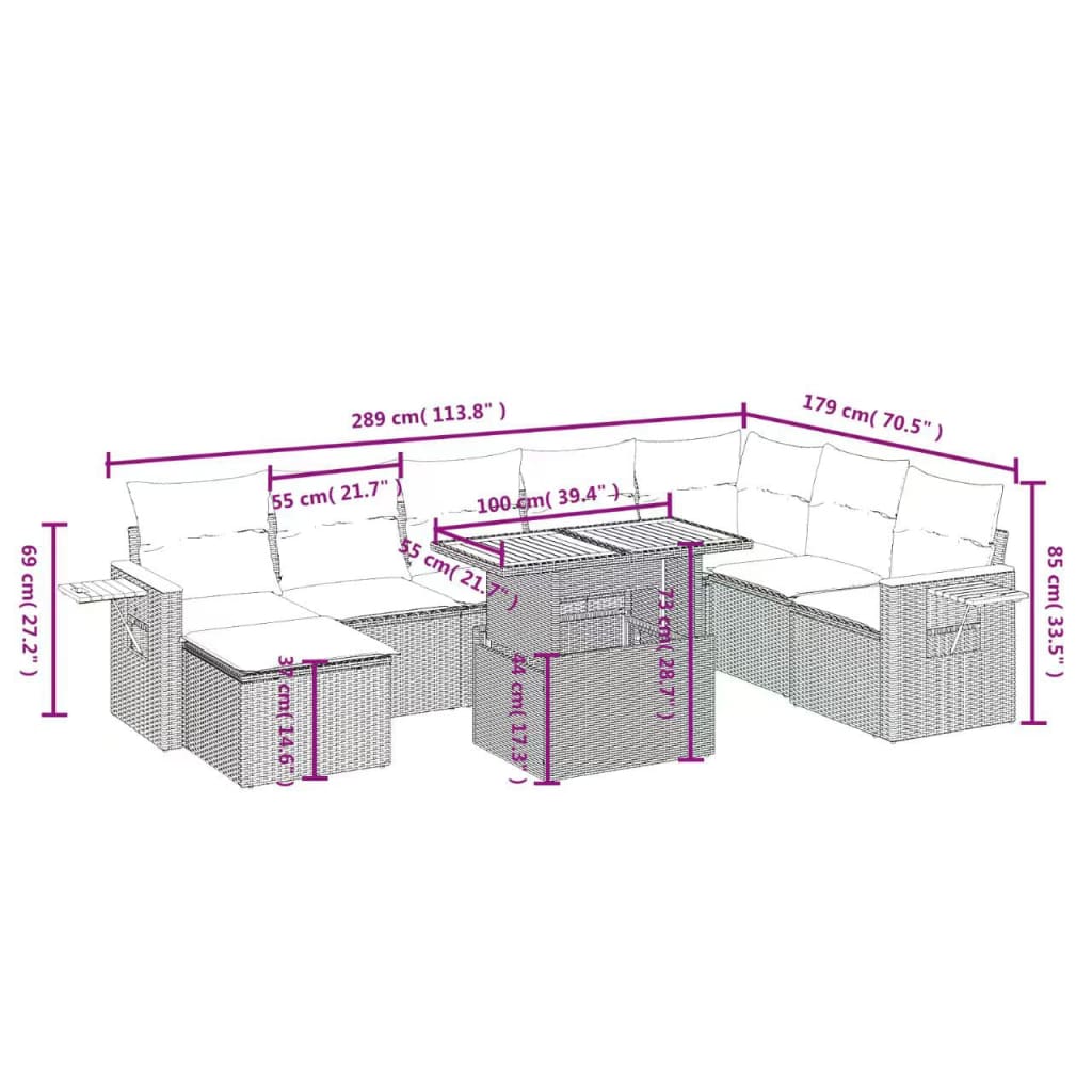 vidaXL 9-delige Loungeset met kussens poly rattan zwart