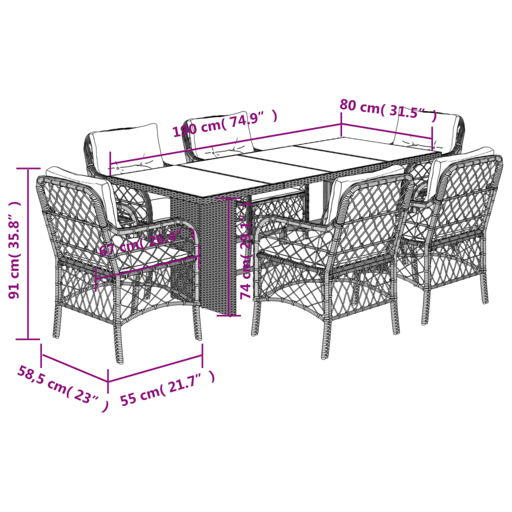 vidaXL 7-delige Tuinset met kussens poly rattan zwart