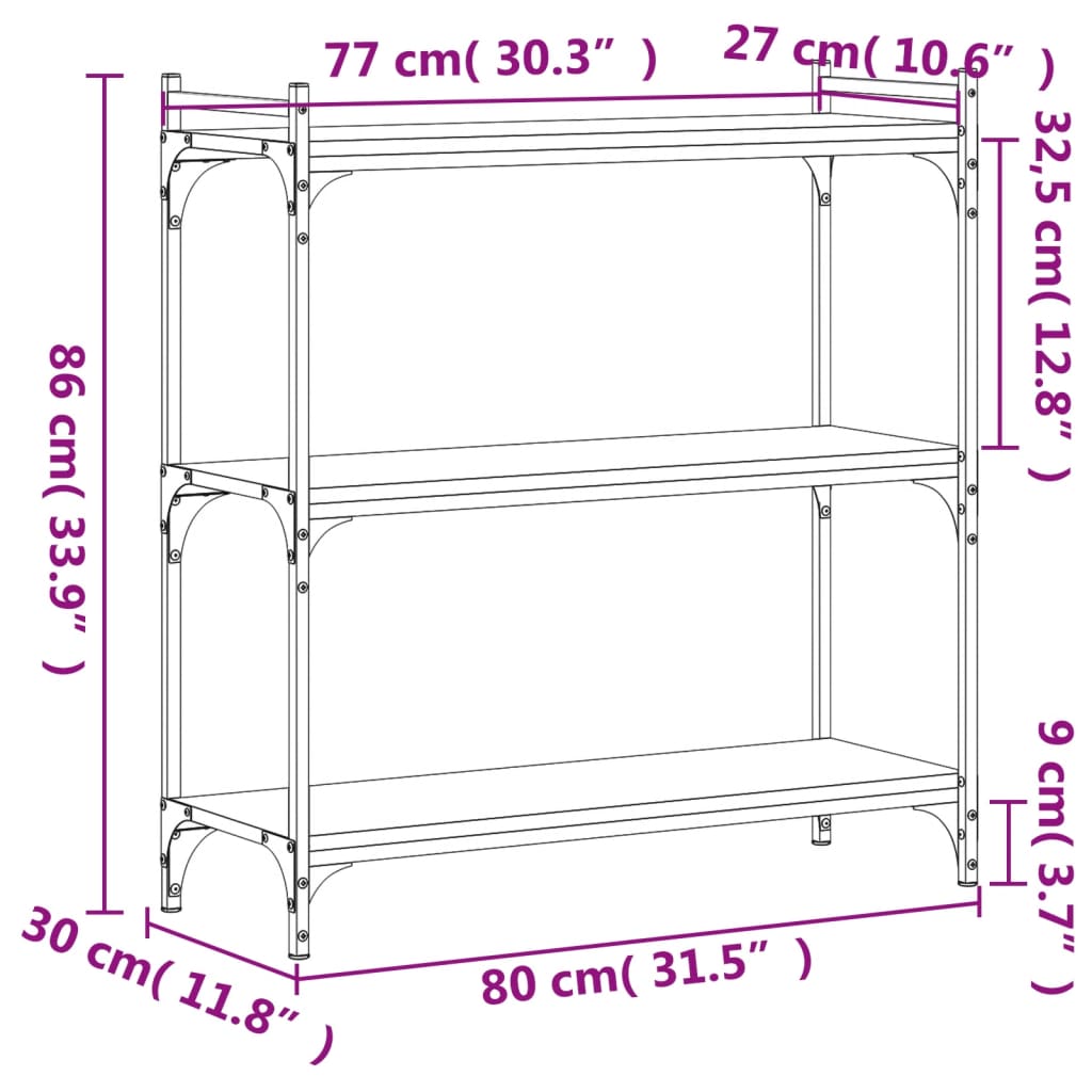 vidaXL Boekenkast 3-laags 80x30x86 cm bewerkt hout gerookt eikenkleur