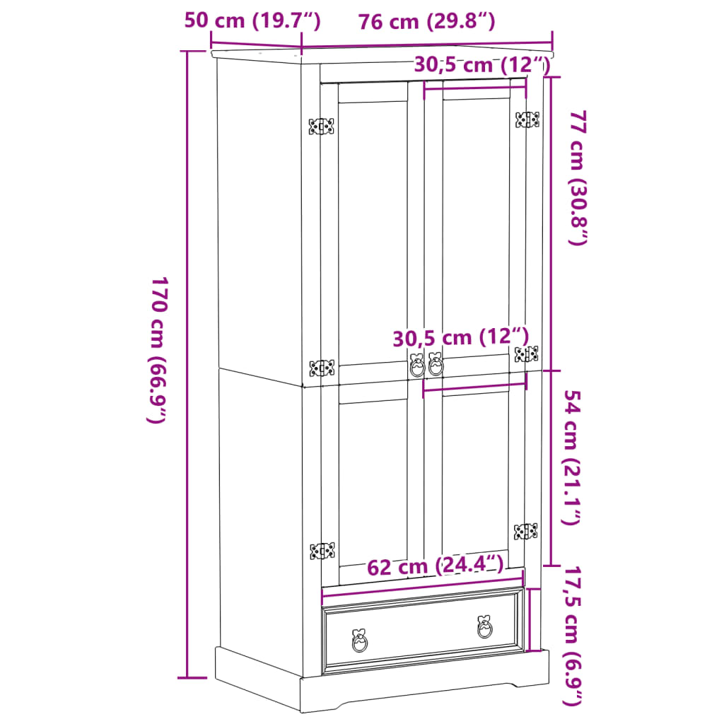 vidaXL Kledingkast Corona 76x50x170 cm massief grenenhout