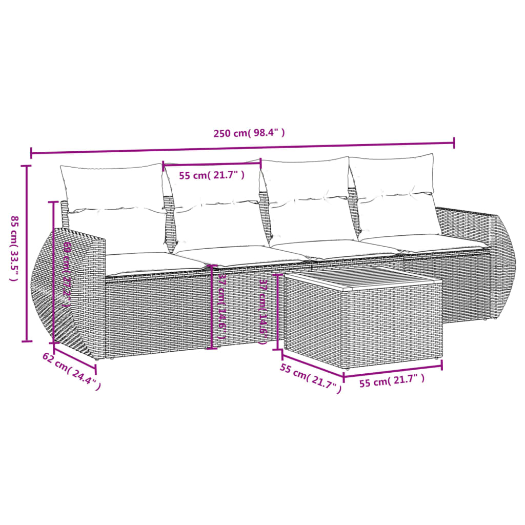 vidaXL 5-delige Loungeset met kussens poly rattan beige