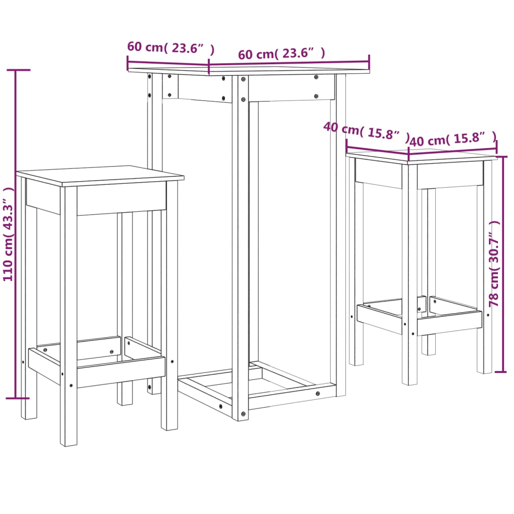 vidaXL 3-delige Barset massief grenenhout wit