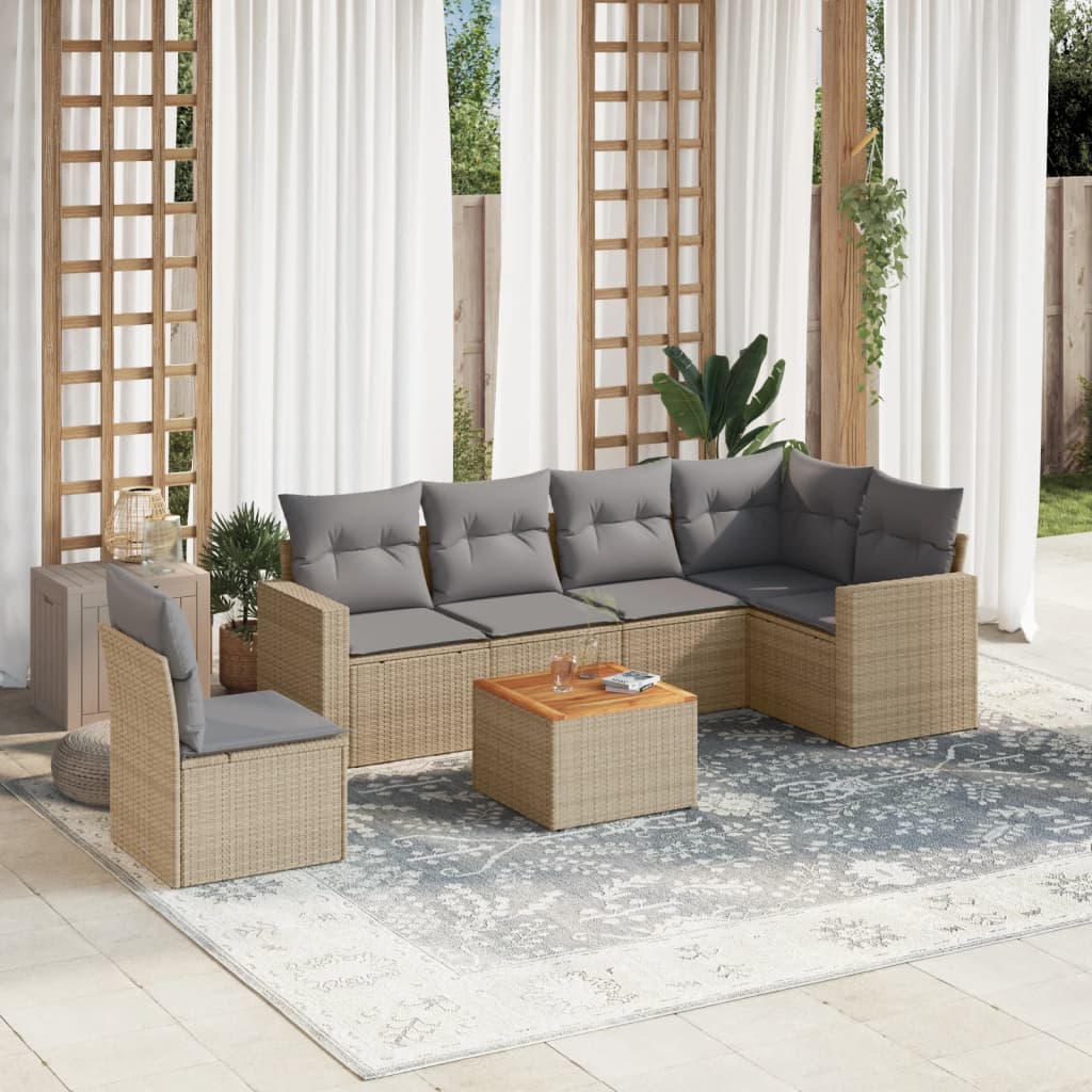 vidaXL 7-delige Loungeset met kussens poly rattan gemengd beige