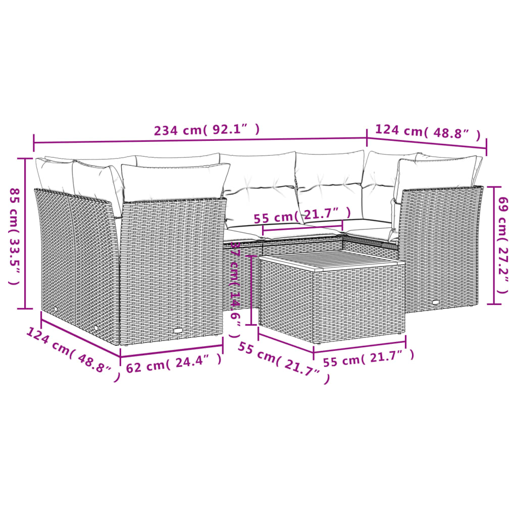 vidaXL 7-delige Loungeset met kussens poly rattan gemengd beige