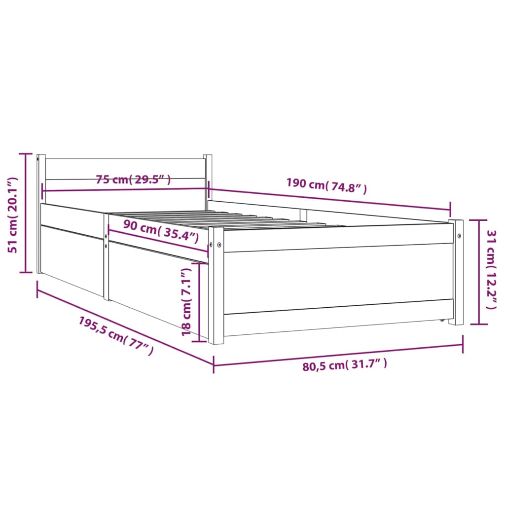 vidaXL Bedframe met lades wit 75x190 cm