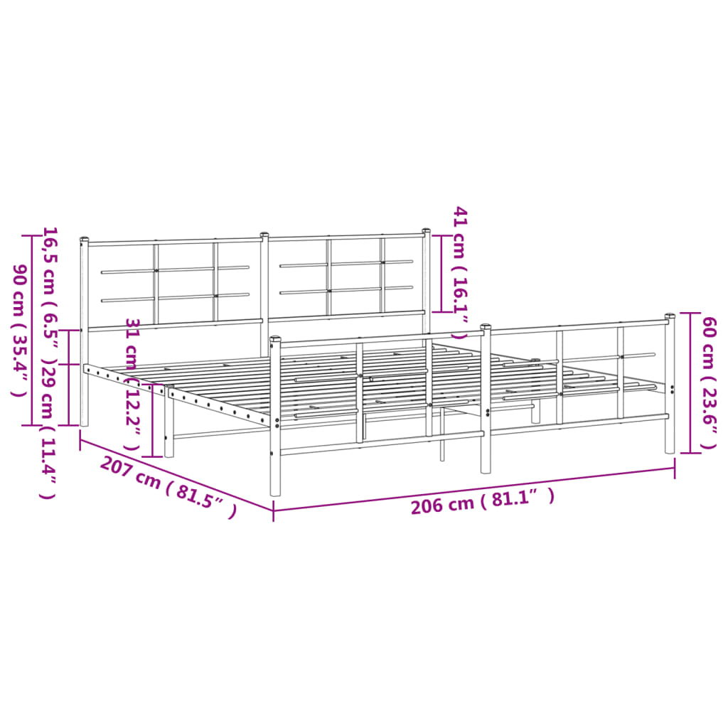 vidaXL Bedframe met hoofd- en voeteneinde metaal zwart 200x200 cm