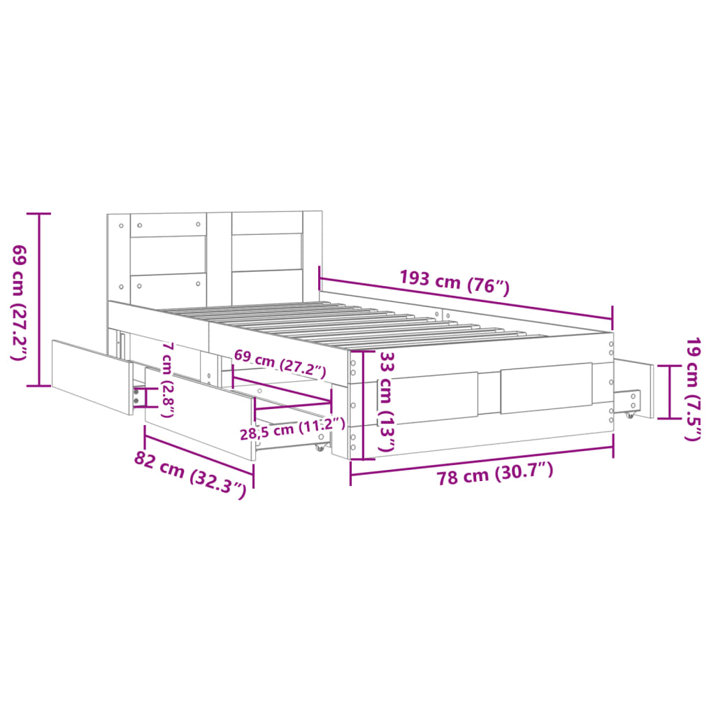 vidaXL Bedframe met hoofdbord bewerkt hout zwart 75x190 cm