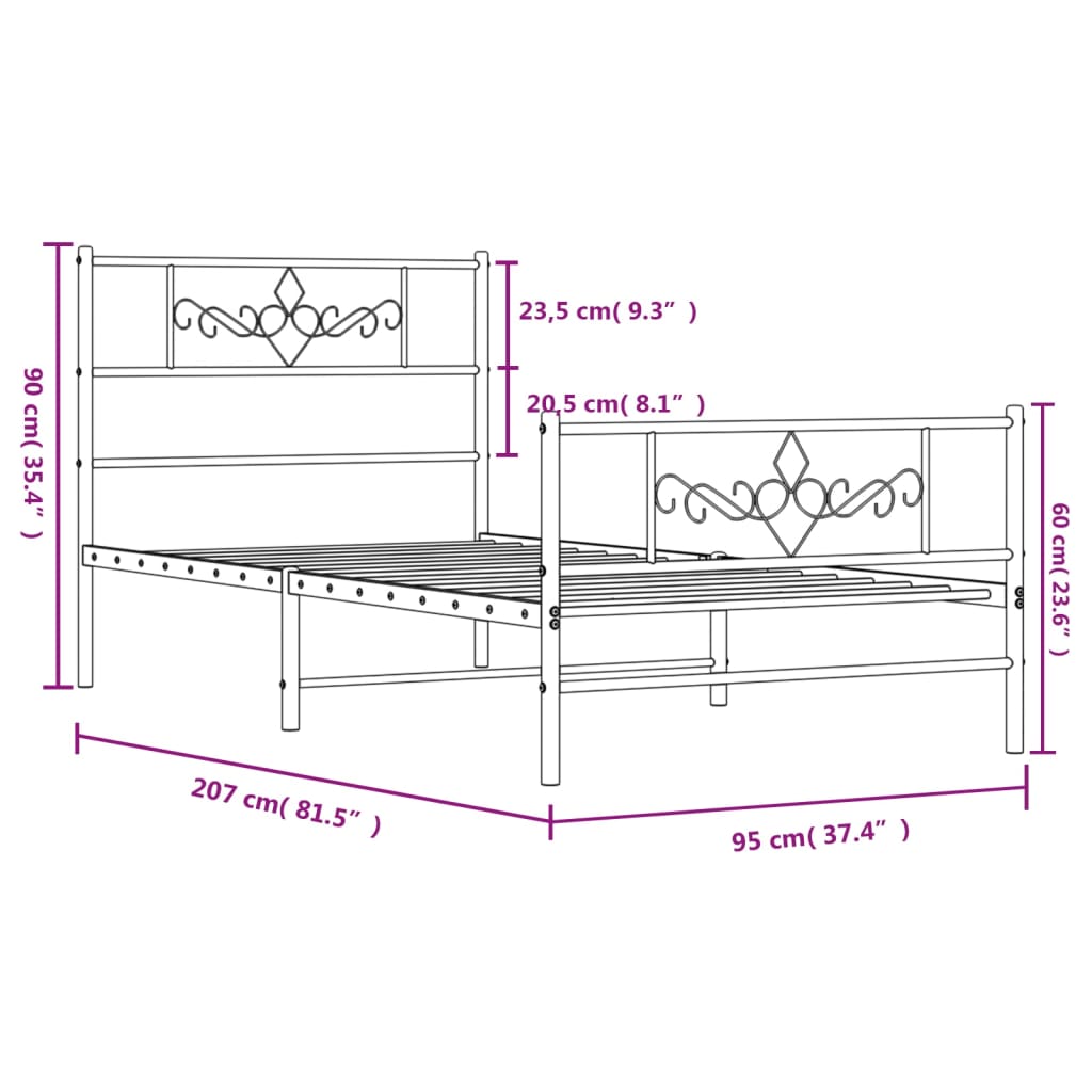 vidaXL Bedframe met hoofd- en voeteneinde metaal wit 90x200 cm