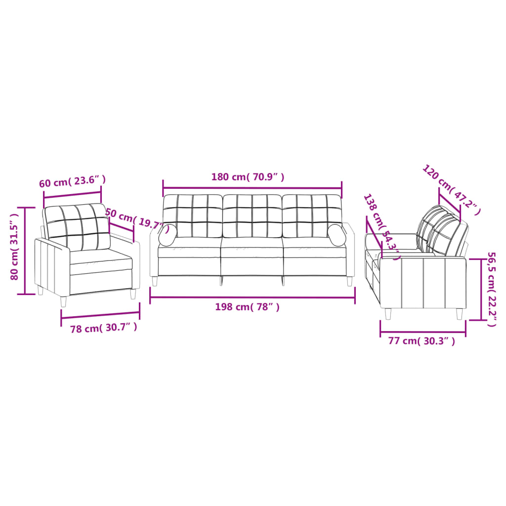 vidaXL 3-delige Loungeset met kussens stof zwart