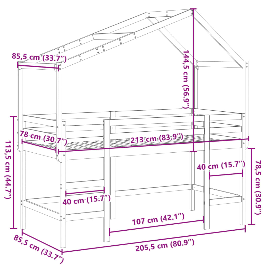 vidaXL Halfhoogslaper met ladder en bedhuis grenenhout wit 80x200 cm